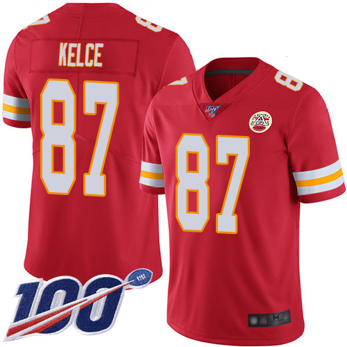 Men Kansas City Chiefs 87 Kelce Travis Red Team Color Vapor Untouchable Limited Player 100th Season Football Nike NFL Jersey